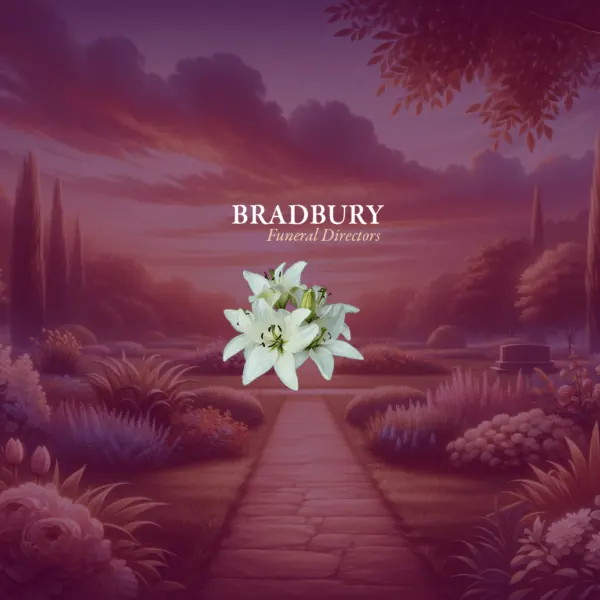 Bradbury Funeral Directors: white lilies on a garden path at dusk